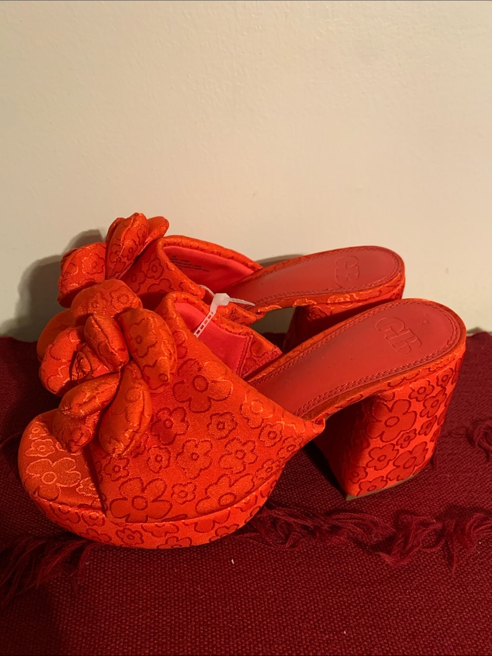 Red Floral Satin Slide Mules with Rosette Accent - Picture 2 of 5